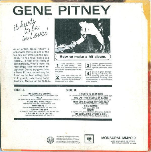 Gene Pitney - It Hurts To Be In Love And Eleven More Hit Songs Vinyl Record
